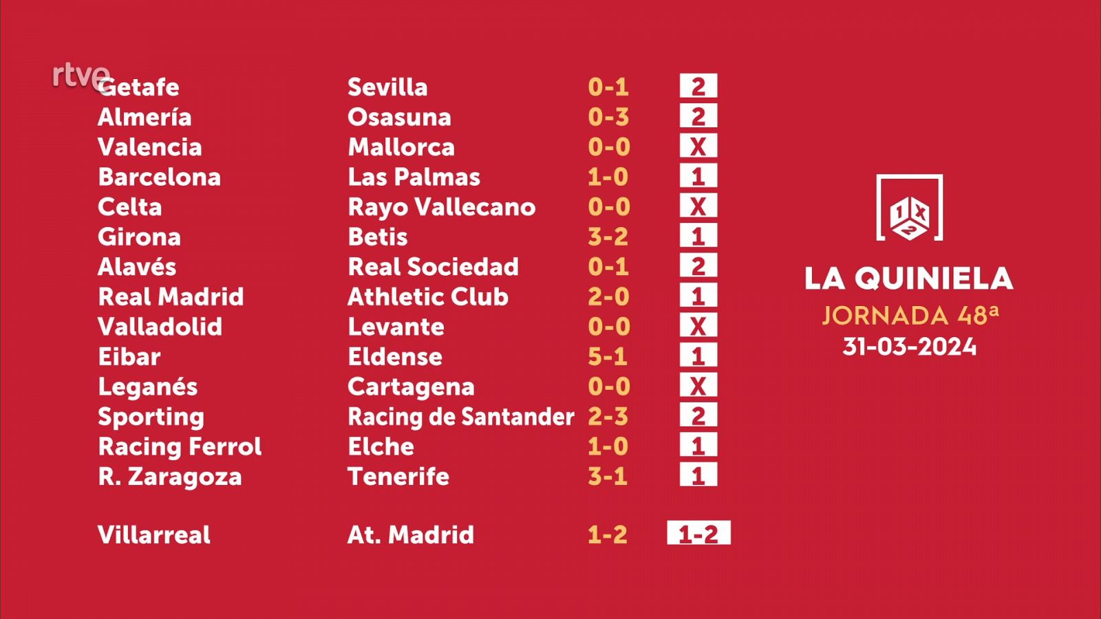 Sorteo de la Quiniela del 02/04/2024 - Jornada 48