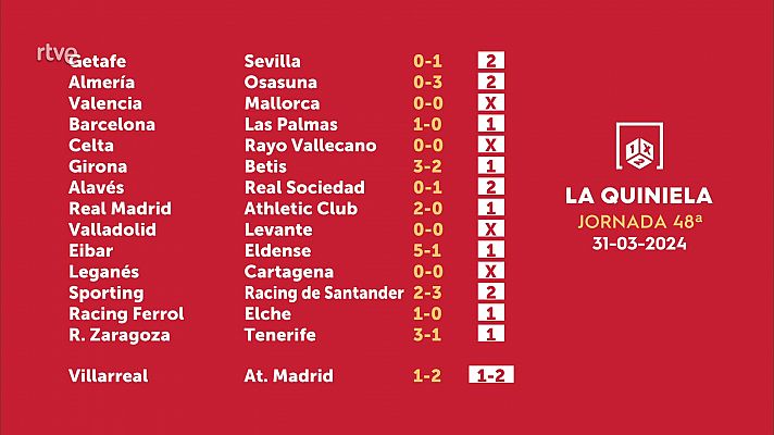 Sorteo de la Quiniela del 02/04/2024 - Jornada 48