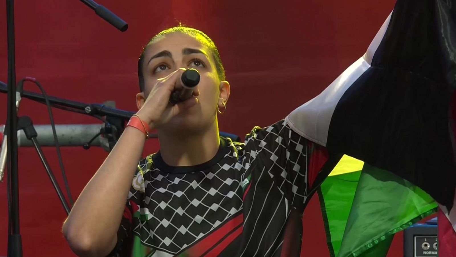 La cantante Huda muestra la bandera de Palestina