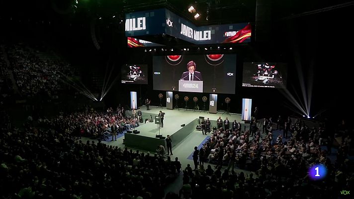 Telediario 1 - Las palabras de Milei llamando "corrupta" a la mujer de Sánchez en un acto de Vox en Madrid desatan un choque político