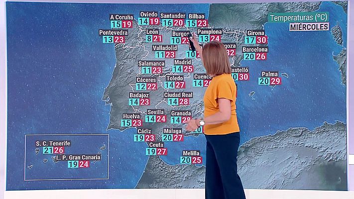 Las temperaturas máximas tenderán a descender, acusadamente en el oeste y suroeste peninsular, con pocos cambios en Canarias, y con aumentos en el este peninsular y Baleares