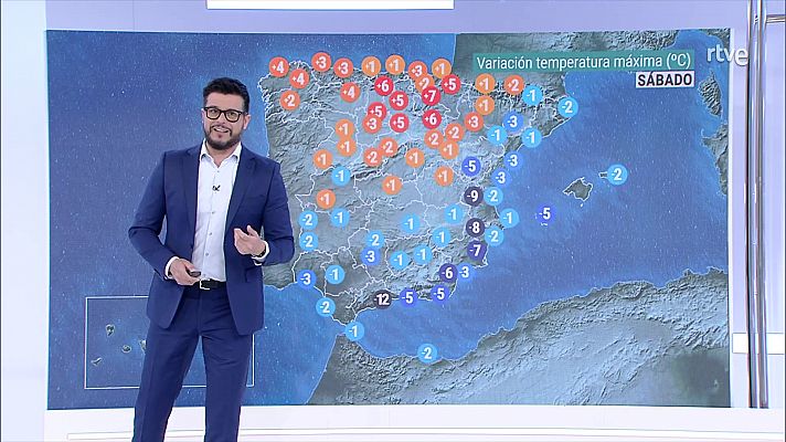 Descenso acusado de las temperaturas en el área cantábrica y nordeste, manteniéndose significativamente elevadas en el sureste peninsular