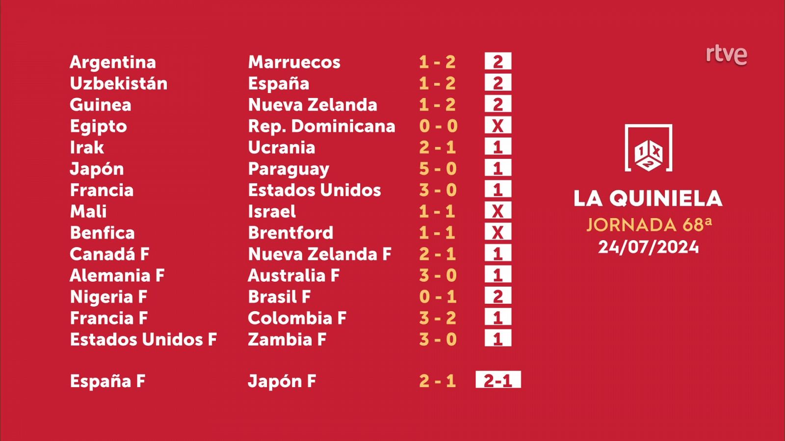 Sorteo de la Quiniela del 26/07/24 - Jornada 68 - ver ahora