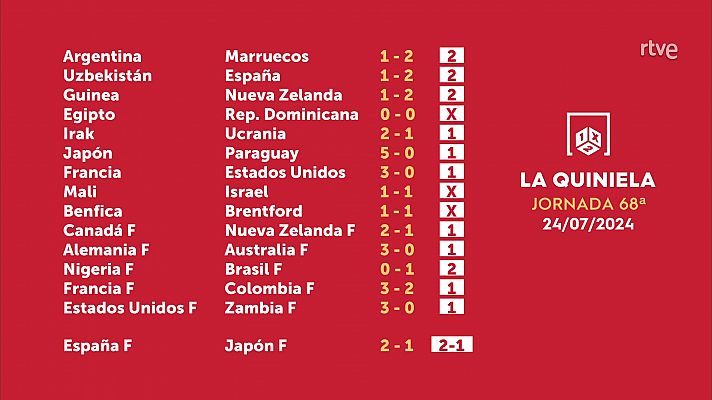 Loterías - Sorteo de la Quiniela del 26/07/24 - Jornada 68