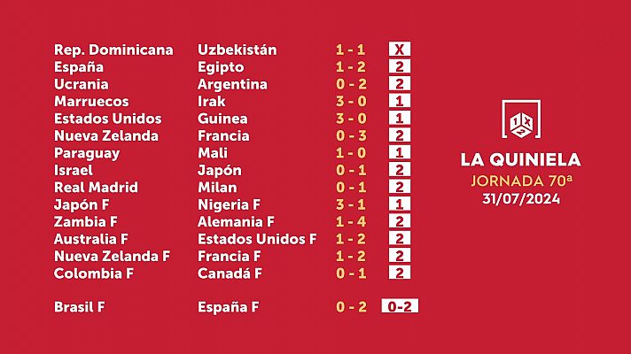 Loterías - Sorteo de la Quiniela del 01/08/2024 - Jornada 70