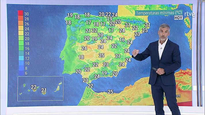 Temperaturas elevadas en el tercio este peninsular, valles Atlánticos del centro y sur, Baleares y Canarias