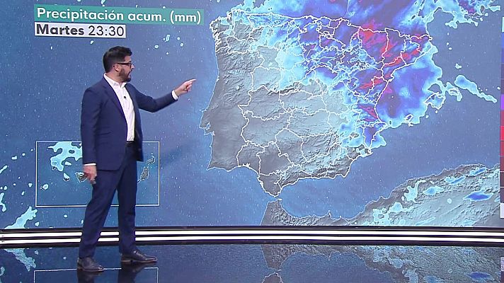 El tiempo - Chubascos y tormentas localmente fuertes, muy fuertes o persistentes por la tarde, localmente fuertes en Pirineos e Ibérica oriental