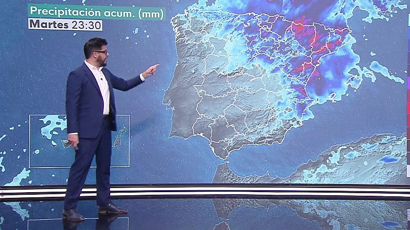 Chubascos y tormentas localmente fuertes, muy fuertes o persistentes por la tarde, localmente fuertes en Pirineos e Ibérica oriental - ver ahora