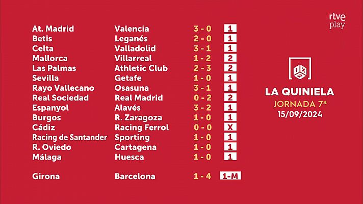 Loterías - Sorteo de la Quiniela del 17/09/2024 - Jornada 7