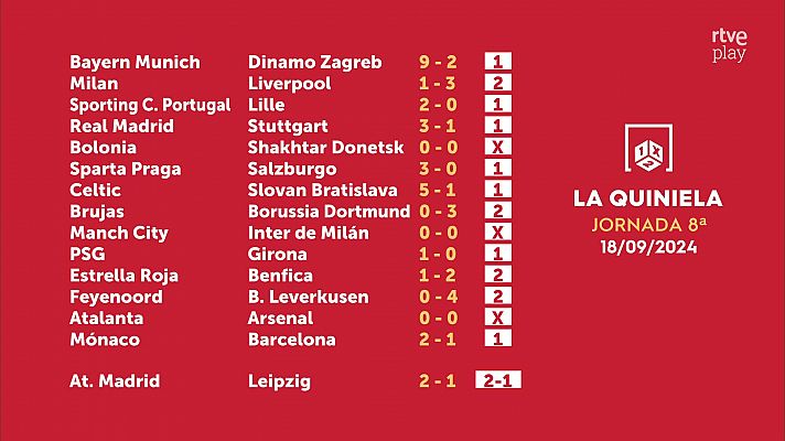Loterías - Sorteo de la Quiniela del 20/09/2024 - Jornada 8