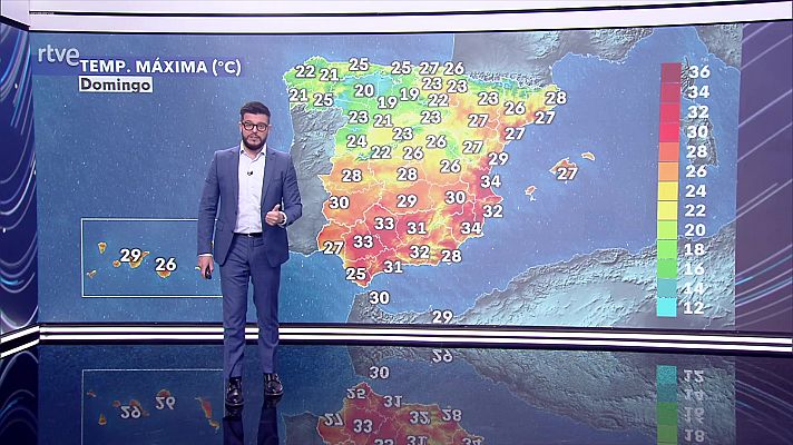 Máximas en aumento casi generalizado, notable en Cantábrico oriental y en descenso en área mediterránea sur