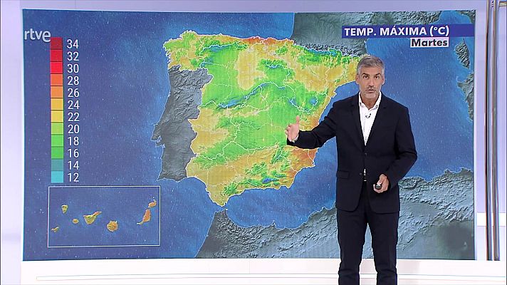 Chubascos y tormentas localmente fuertes y/o persistentes en la mitad sur, tercio este peninsulares y Canarias