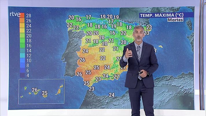 El tiempo - Probables intervalos de viento fuerte del suroeste en litorales de Galicia al principio.