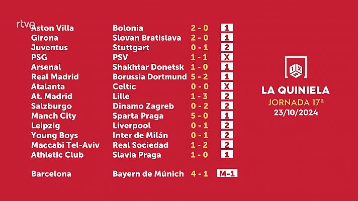 Loterías - Sorteo de la Quiniela del 25/10/2024 - Jornada 17