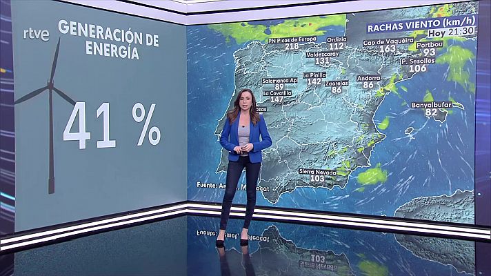 Intervalos fuertes y/o rachas muy fuertes en amplias zonas del cuadrante noroeste, Cantábrico, Pirineos y sistema Ibérico