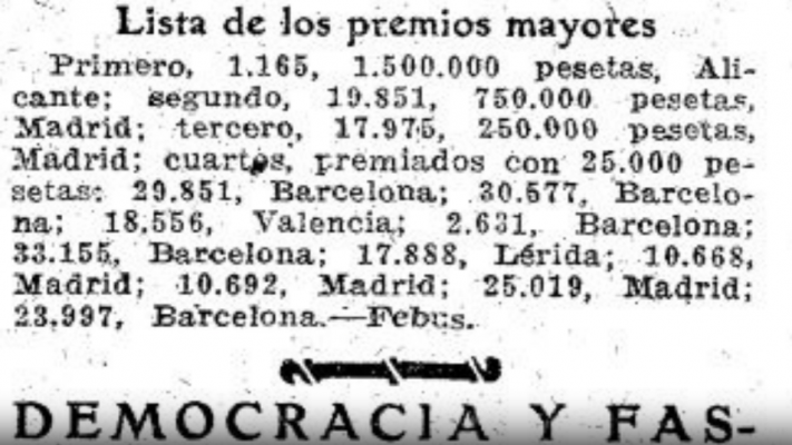 Lotería de Navidad - 1937: el Gordo de la Lotería de Navidad fue el 1165