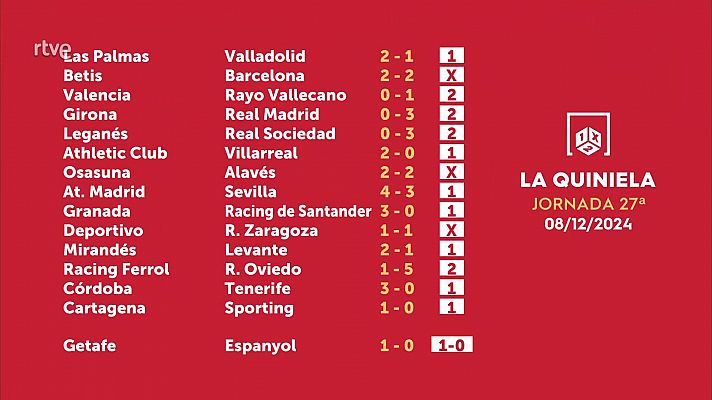 Loterías - Sorteo de la Quiniela del 10/12/2024 - Jornada 27