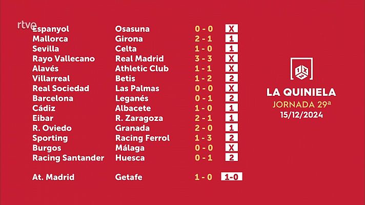 Loterías - Sorteo de la Quiniela del 16/12/2024 - Jornada 29