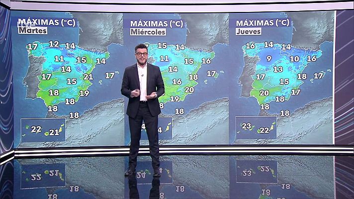 Viento fuerte con rachas muy fuertes en el Cantábrico, Pirineos, Ampurdán, entorno del bajo Ebro, Baleares, Estrecho y Canarias.