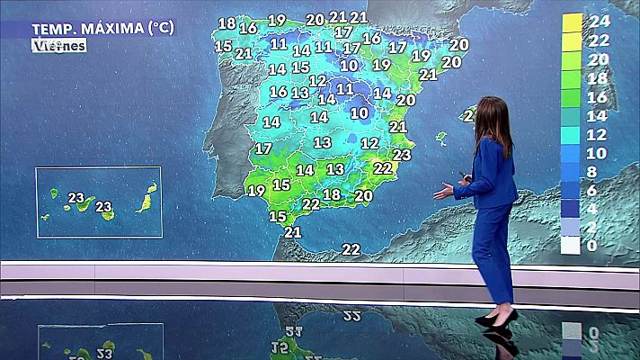 Las máximas aumentan en el Cantábrico, Pirineos e Ibérica Sur, entornos de montaña y descensos en los valles