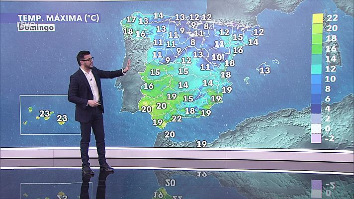 Las máximas descienden en el Cantábrico, Pirineos, Ebro, sistema Ibérico, Baleares y Béticas orientales