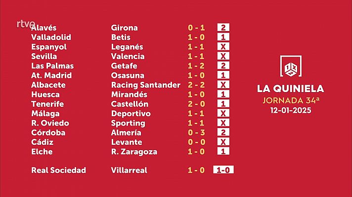 Loterías - Sorteo de la Quiniela del 14/01/2025 - Jornada 34