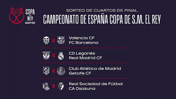 Valencia - Barcelona, Leganés - Real Madrid, Atlético - Getafe y Real Sociedad - Osasuna, en cuartos de Copa del Rey