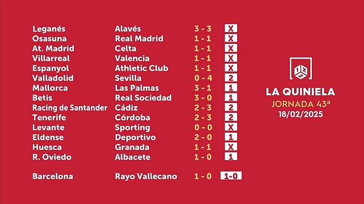 Loterías - Sorteo de la Quiniela del 18/02/2025 - Jornada 43