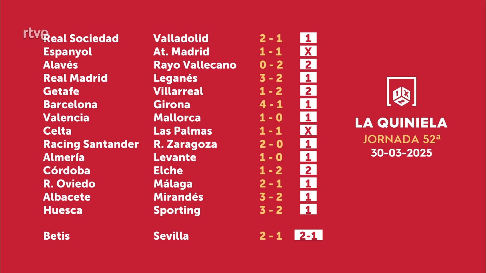 Sorteo de la Quiniela del 01/04/2025 - Jornada 52 - ver ahora