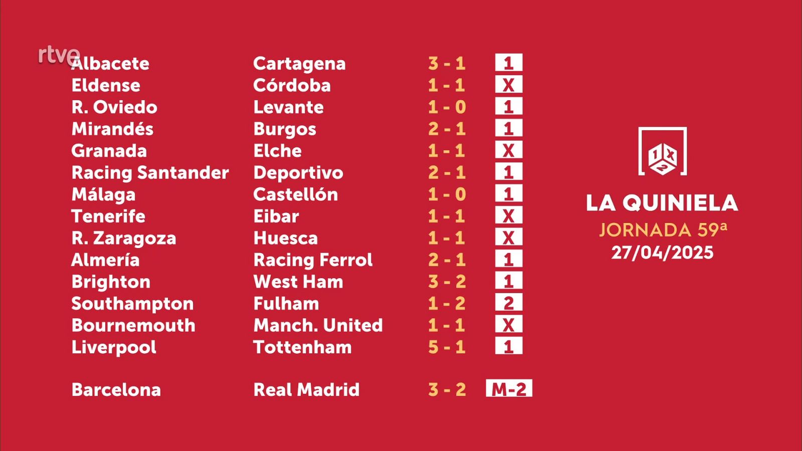 Sorteo de la Quiniela del 30/04/2025 - Jornada 59 - ver ahora