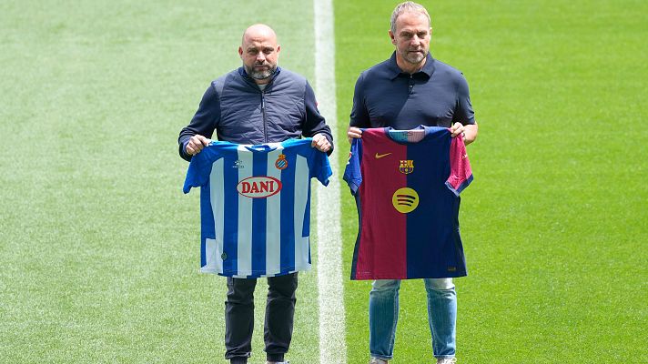 Manolo González y Hansi Flick posan juntos antes del derbi Espanyol - Barcelona