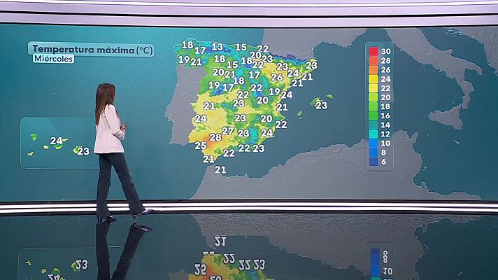 Descenso de las máximas en el Cantábrico occidental, sudeste y Baleares, aumento ligero en el sudoeste