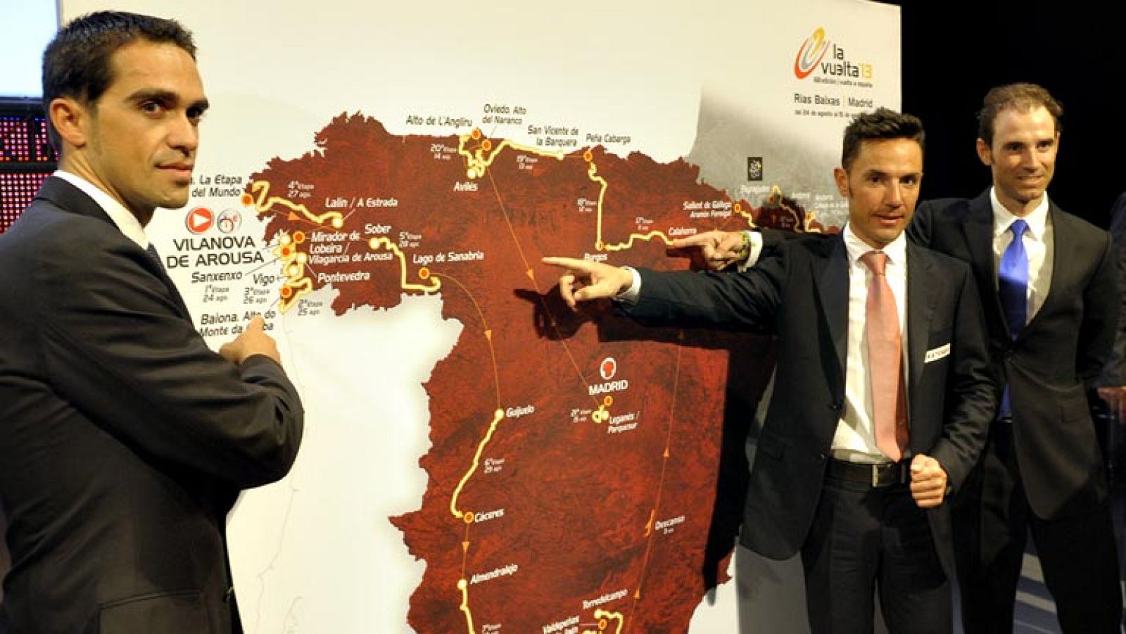 La Vuelta 2013 vuelve a apostar por la montaña y los finales explosivos que garanticen el espectáculo, según el recorrido presentado en Vigo, y que incluye 12 metas en alto, entre ellos el Angliru, que se subirá la víspera del final, y Peyragudes, en