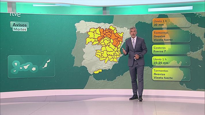El tiempo - Tormentas fuertes en ambas mesetas, áreas aledañas, este peninsular, nordeste andaluz, medio Ebro e Ibérica