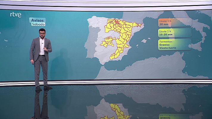 Tormentas y chubascos localmente fuertes en interiores del tercio este y en el extremo norte peninsular, y en las mesetas