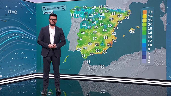 Temperaturas máximas significativamente elevadas en zonas del interior de la mitad sur, tercio nordeste peninsular y en Baleares