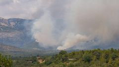 El viento y la orografía complican la extinción del incendio de Paüls, en Tarragona