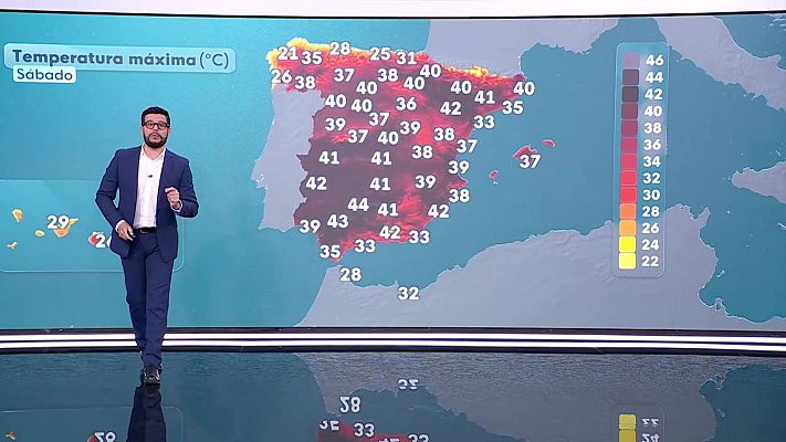 El tiempo - Temperaturas elevadas en la mayor parte de la Península, Baleares y Canarias alcanzando los 40 grados.