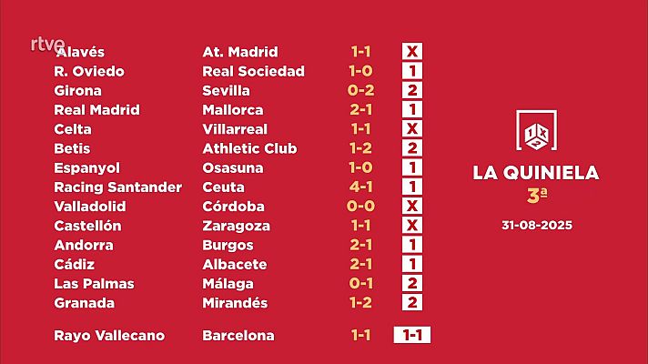 Loterías - Sorteo de la Quiniela del 01/09/2025 - Jornada 3