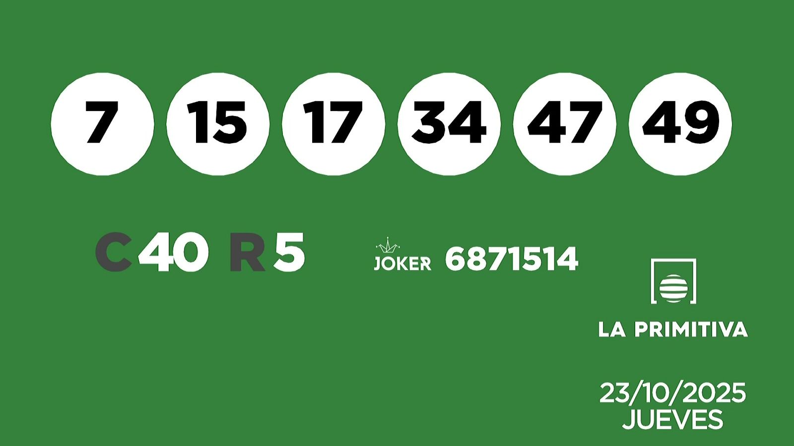 Sorteo de la Lotería Primitiva y Joker del 23/10/2025 - Ver ahora