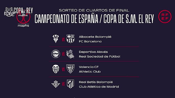 Fútbol - Albacete-Barça, Alavés-Real Sociedad, Valencia-Athletic y Betis-Atlético; emparejamientos de cuartos de final de la Copa