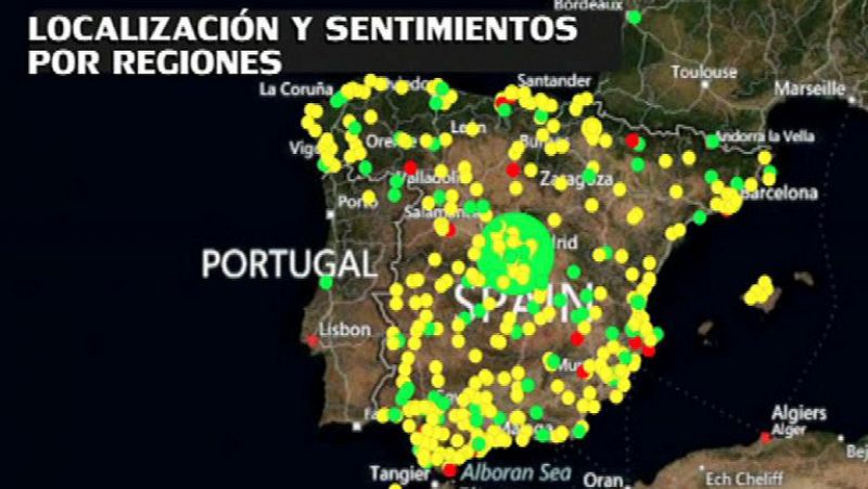 El programa Desafío Champions analiza cómo se reparten los mensajes sobre un mapa de España durante una jornada de Champions. 7-3-2013.