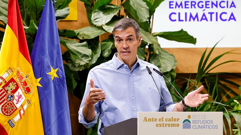 El presidente del Gobierno, Pedro Sánchez durante la presentación de la Red de Refugios Climáticos, en Madrid.