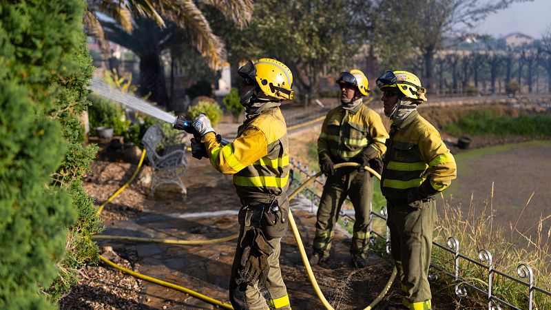 Varios bomberos forestales durante las labores de extinción del incendio forestal en Fermoselle