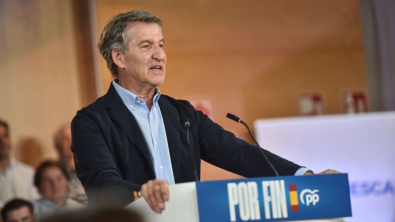 El presidente del Partido Popular, Alberto Núñez Feijóo, interviene en un acto del PP de Aragón