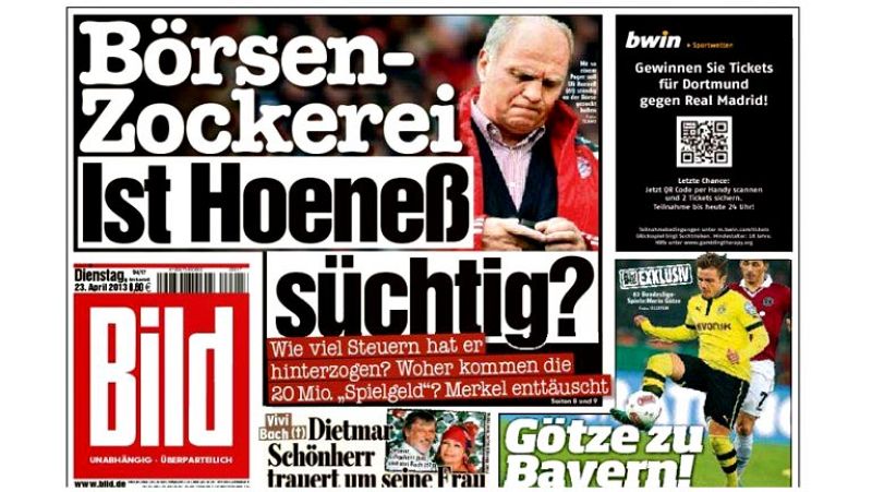El abultado marcador de 4-0 con el que el Bayern de Múnich se impuso al FC Barcelona ocupa las portadas de la prensa en Alemania. La victoria además eclipsa la acusación a Hoeness de evasión de impuestos.