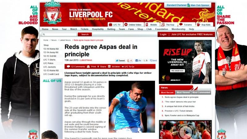 El Liverpool ha anunciado este jueves el fichaje del delantero  gallego Iago Aspas, hasta ahora en las filas del Real Club Celta de  Vigo, que jugará con los 'reds' las próximas cuatro temporadas. Otros jugadores como Verdú, Amorebieta o Juanlu tambi