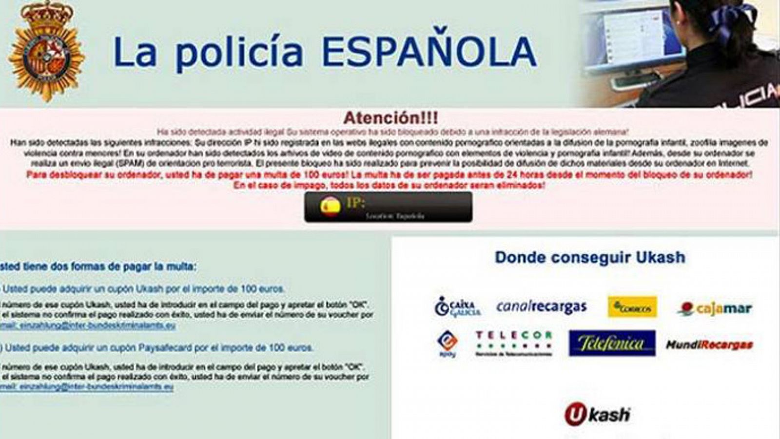Telediario 1: Desarticulada en Madrid la rama económica de la red cibercriminal del 'virus de la Policía' | RTVE Play