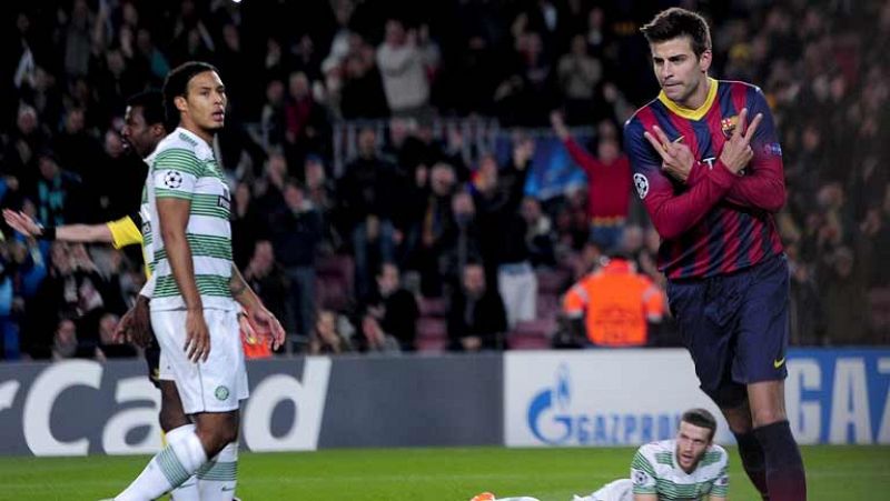 El defensa central del FC Barcelona Gerard Piqué ha adelantado a su equipo ante el Celtic de Glasgow en el minuto 7 de juego, tras aprovechar un rechace de una jugada previa de Pedro y Alexis.