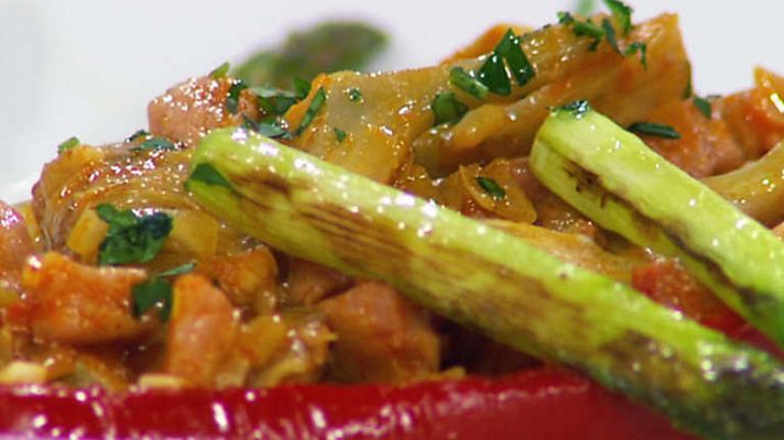 Cocina con Sergio - Pimientos rellenos con menestra de alcachofa y cerdo adobado